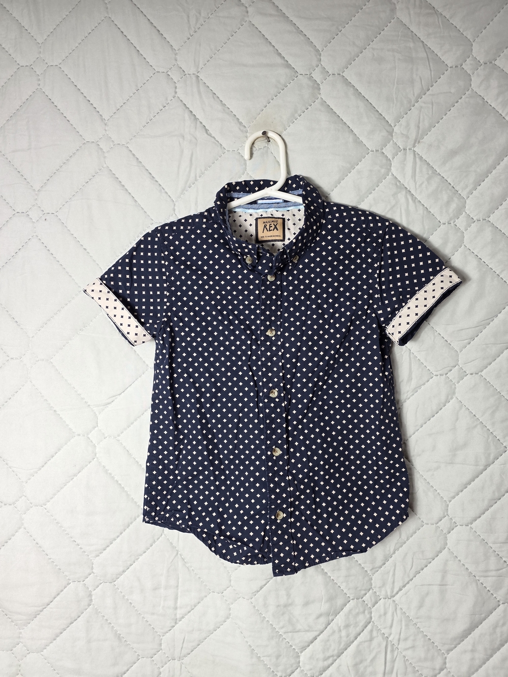 Maximus Rex Navy Short-Sleeve Button-Up Shirt with Dot Print Sz 6